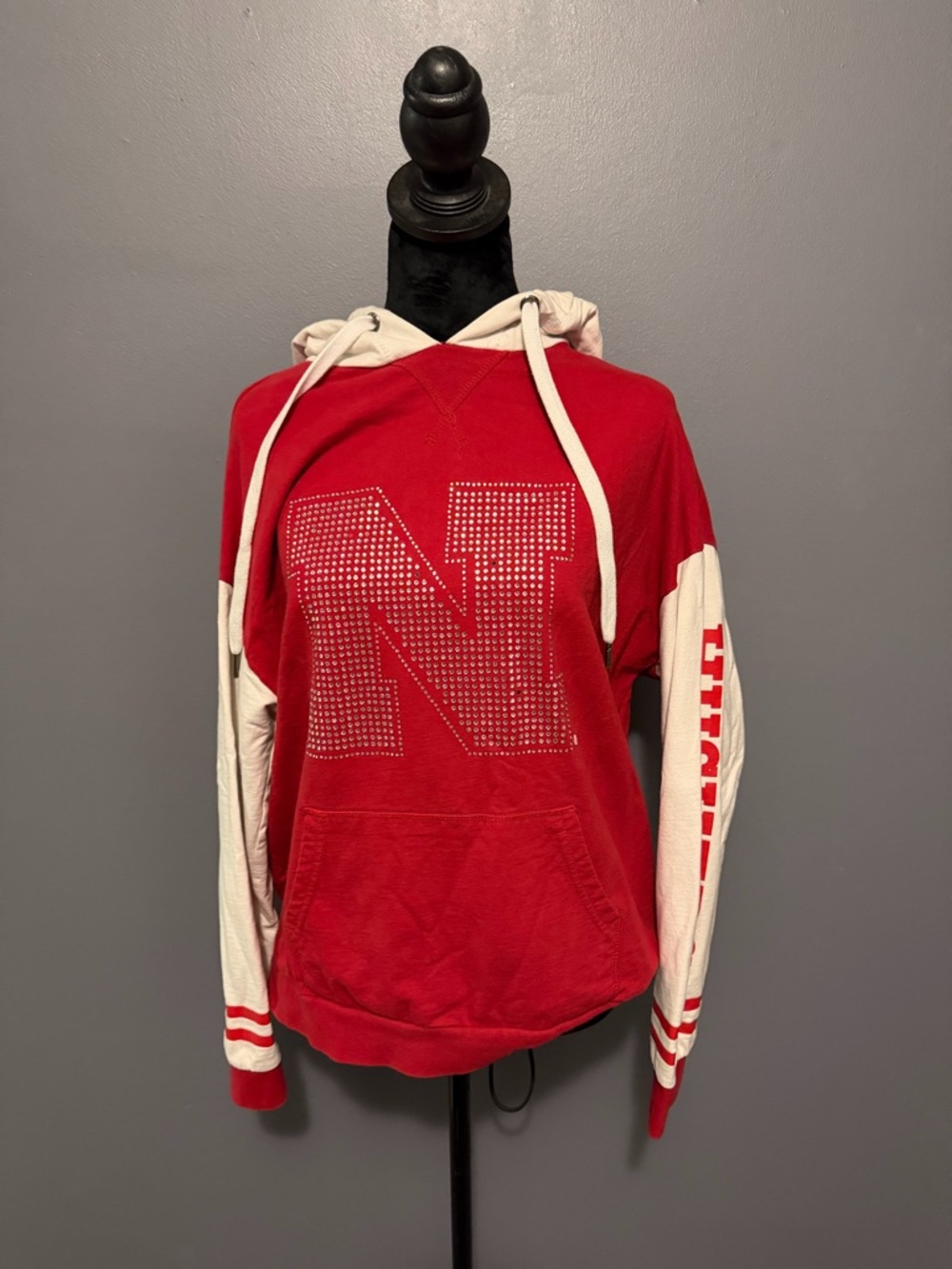 Red Rhinestone 'N' Contrast-Sleeve Hoodie
